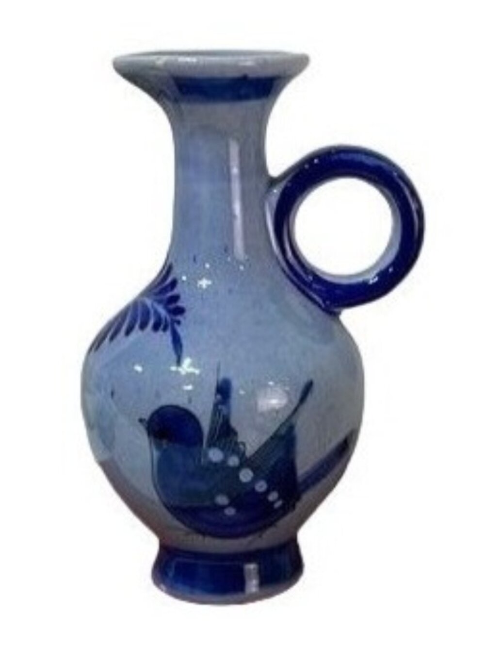 Hand-Painted Tonala Jug Mexican Ceramic Vase Bird & Floral Design Signed Mexico